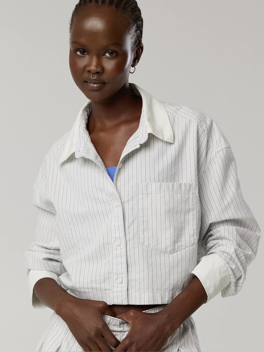 OFFLINE by Aerie Striped Cropped Button-Up Shirt in White / Gray - M